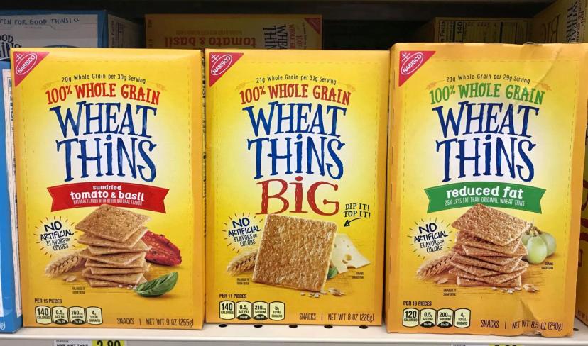 Wheat Thins crackers box with 100% whole grain claim disputed in Mondelez class action settlement over alleged cornstarch content