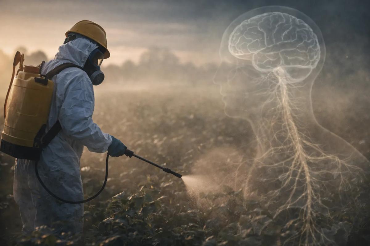 Commercial farmer spraying paraquat pesticide with visual representation of neurological damage to the brain and nervous system