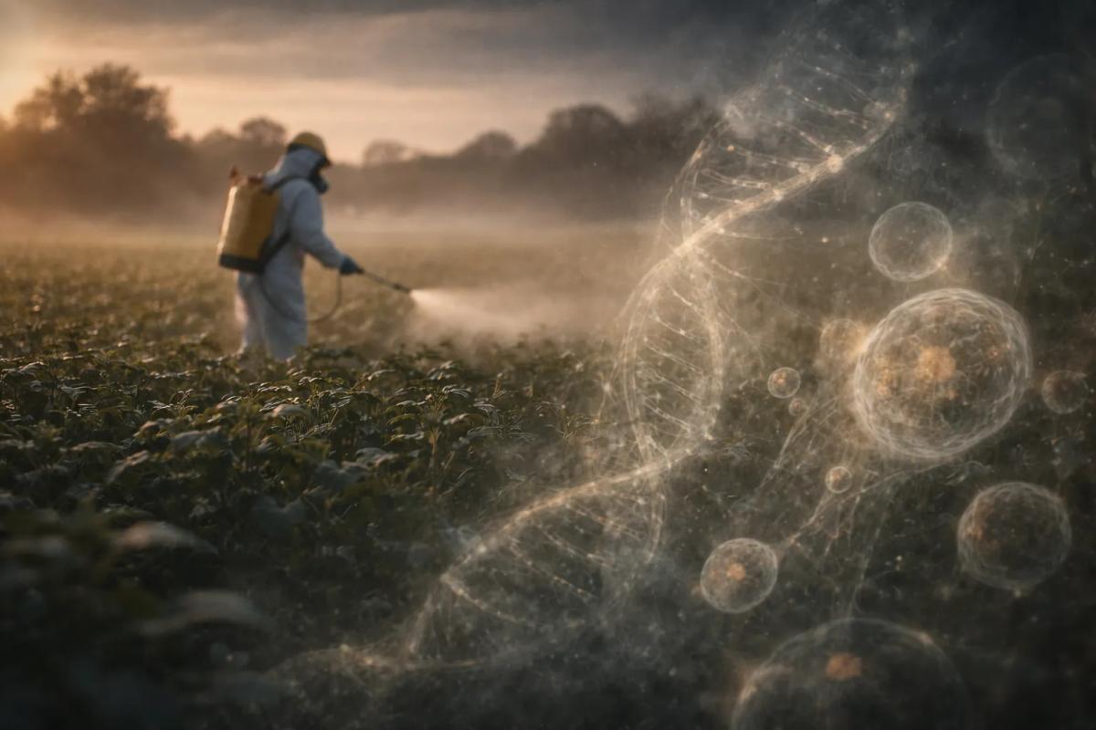 Agricultural worker spraying Roundup herbicide as scientific imagery highlights long-term cancer risk from glyphosate exposure