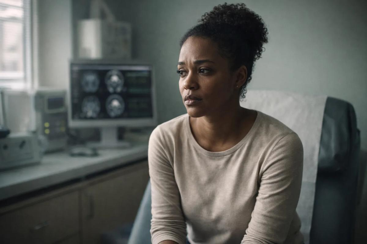 Woman seated in medical exam room following brain tumor diagnosis linked to Depo-Provera use