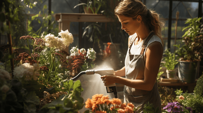 Woman watering plants outdoors, representing potential Roundup exposure during gardening